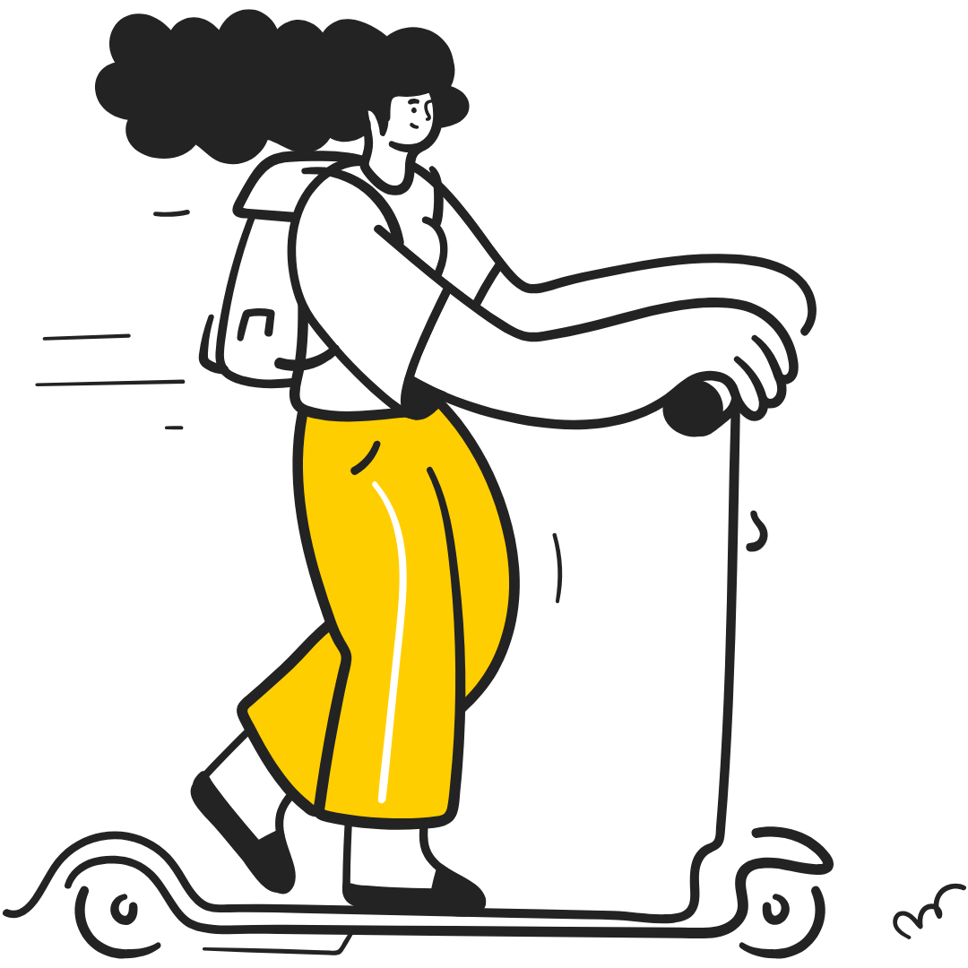 スマートフォンを片手に持ち、これから始まる新しい出会いにワクワクしている旅行者のイラスト